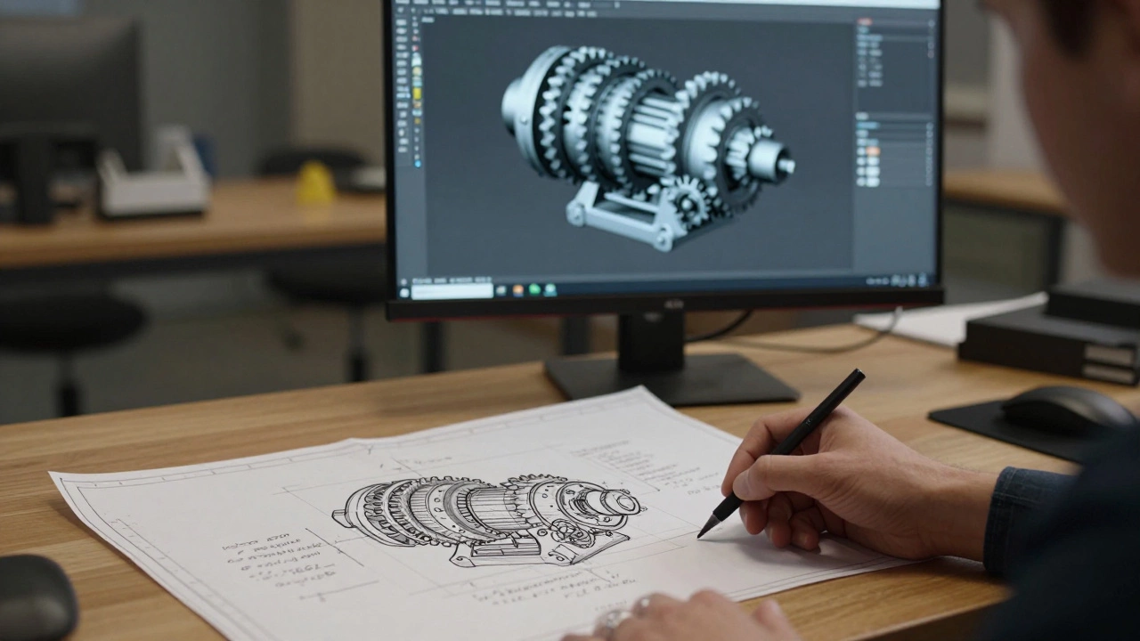 Технический чертеж на столе на фоне сложной 3D-сборки механизма на мониторе