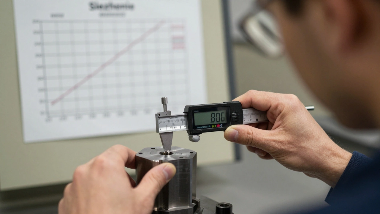 Замер детали микрометром на фоне карты статистического контроля