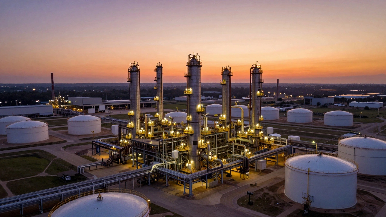 Вид сверху на крупный нефтегазовый комплекс в Техасе на закате