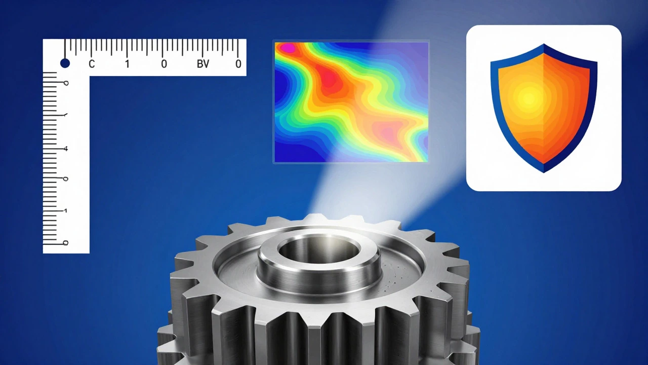 Illustration of a gear surrounded by symbols for dimensions, heat, and reliability
