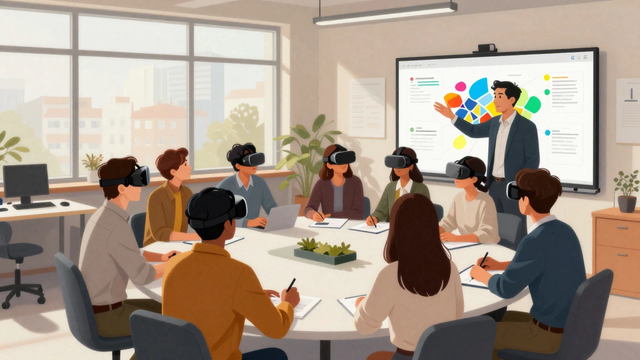 Команда сотрудников обсуждает вопросы безопасности с использованием VR-оборудования