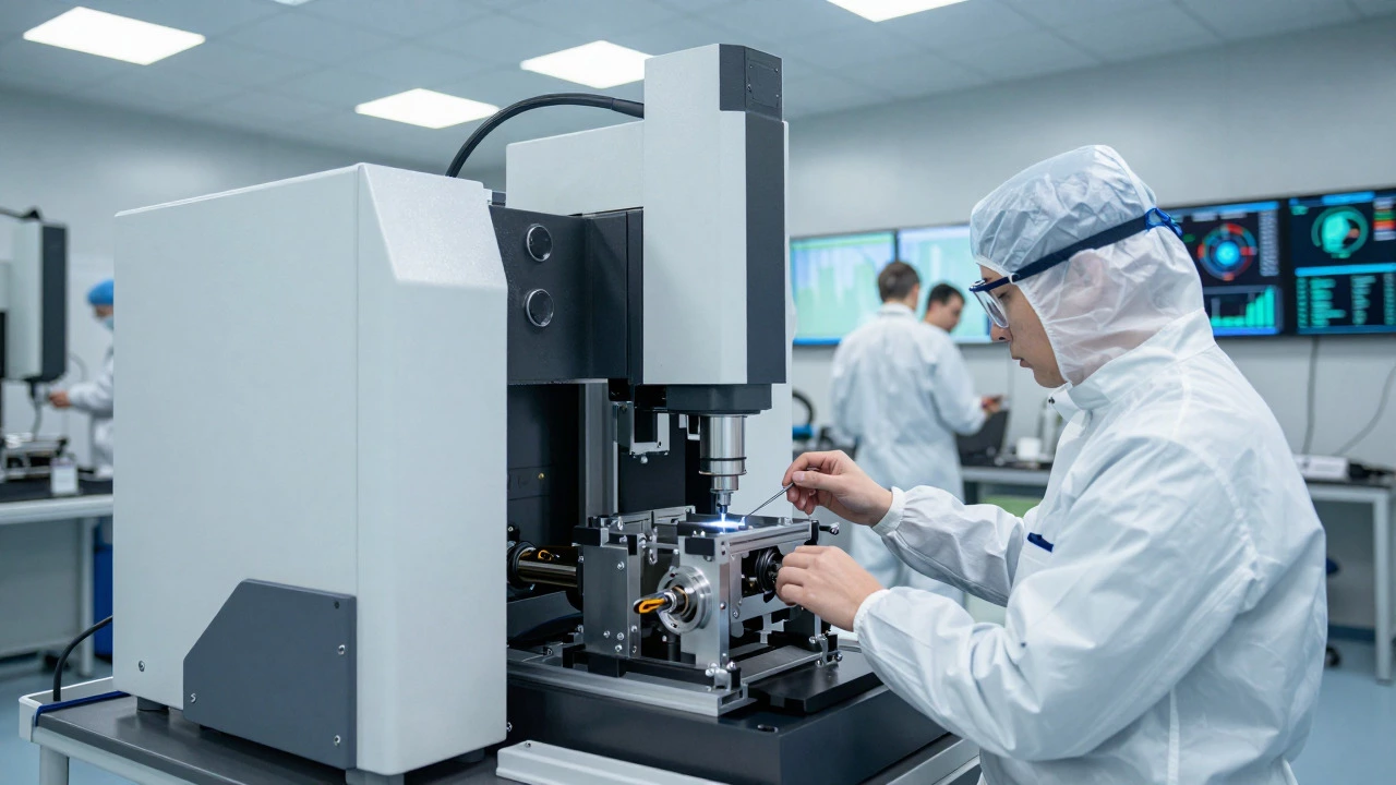 Technician using a coordinate measuring machine in a modern quality lab